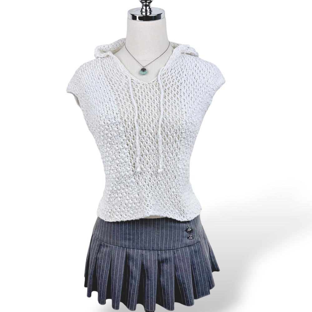 TSE Crochet Hooded Top White Knit Open Weave Boho Fairy Sweater Womens S